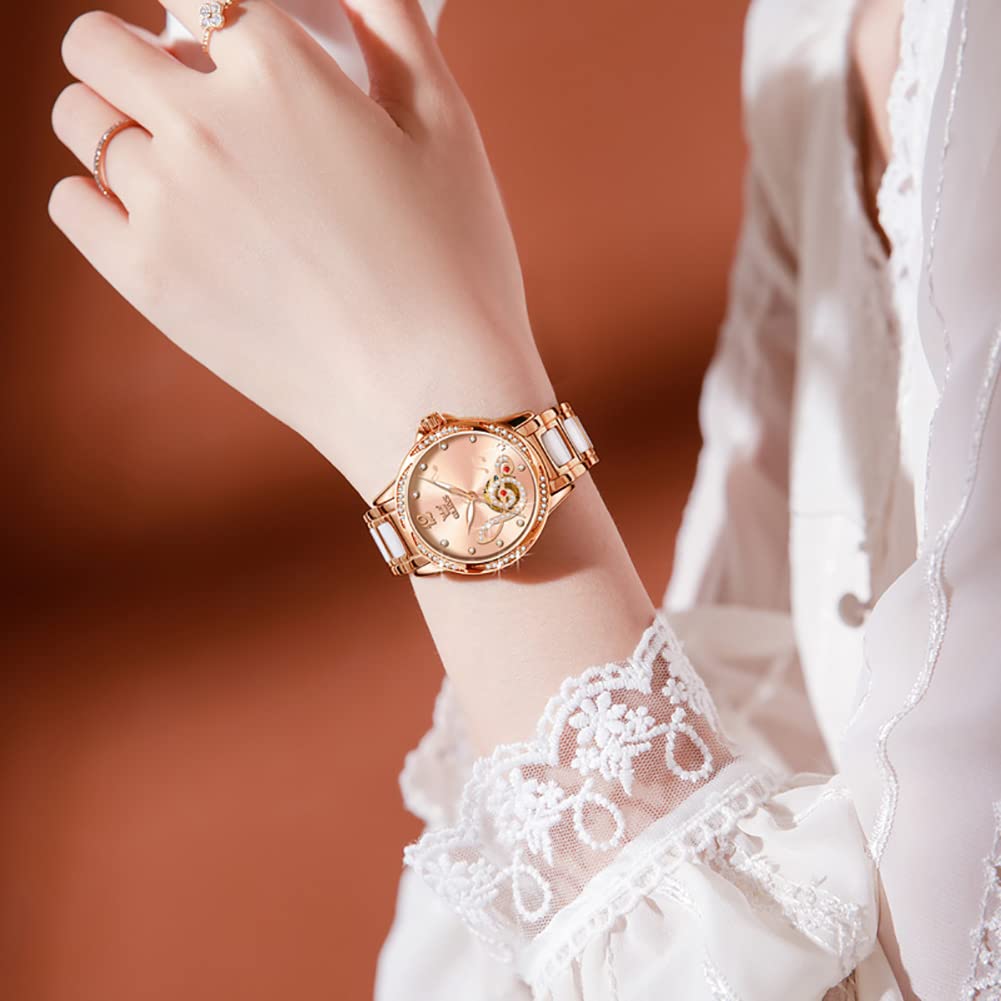 OLEVS Watches for Women Automatic Mechanical Self Winding Rose Gold Ladies Watch Diamond Dress Ceramic Bracelet Waterproof Female Wrist Watch