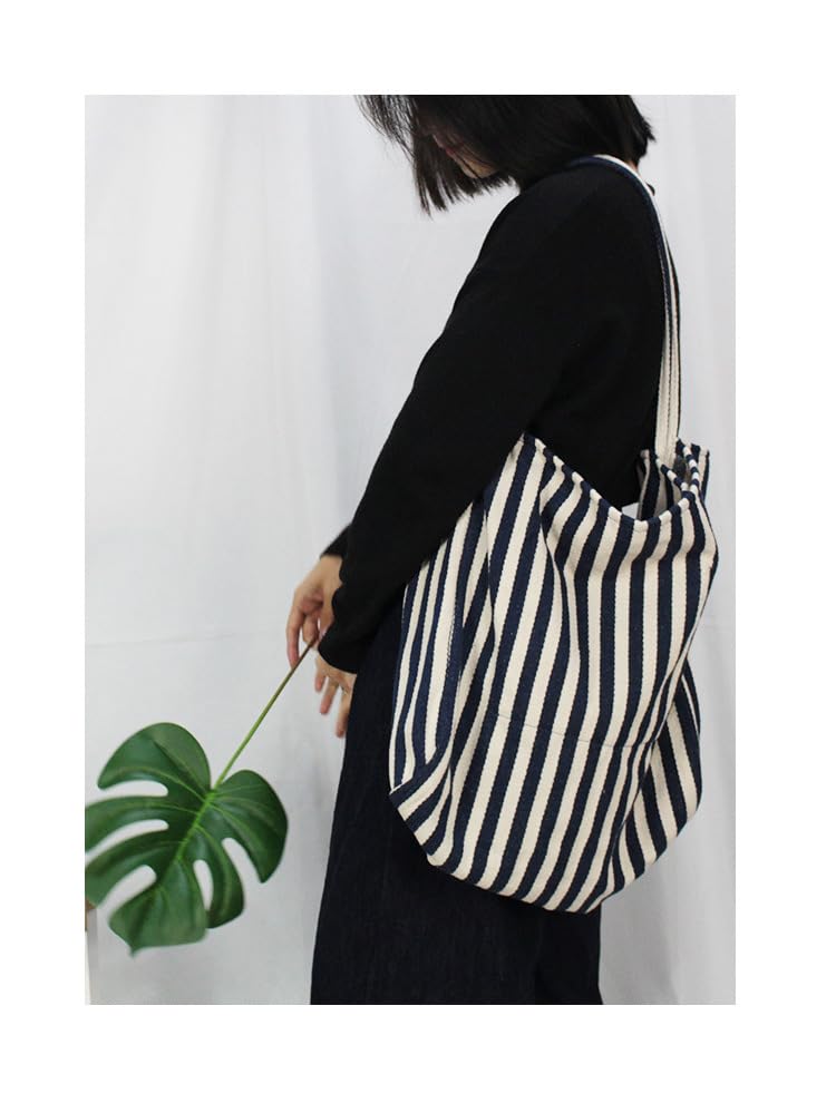 ELYEEBLEE 2 Pcs Lightweight Soft Casual Striped Canvas Shopping Tote Bags with Inner Pocket