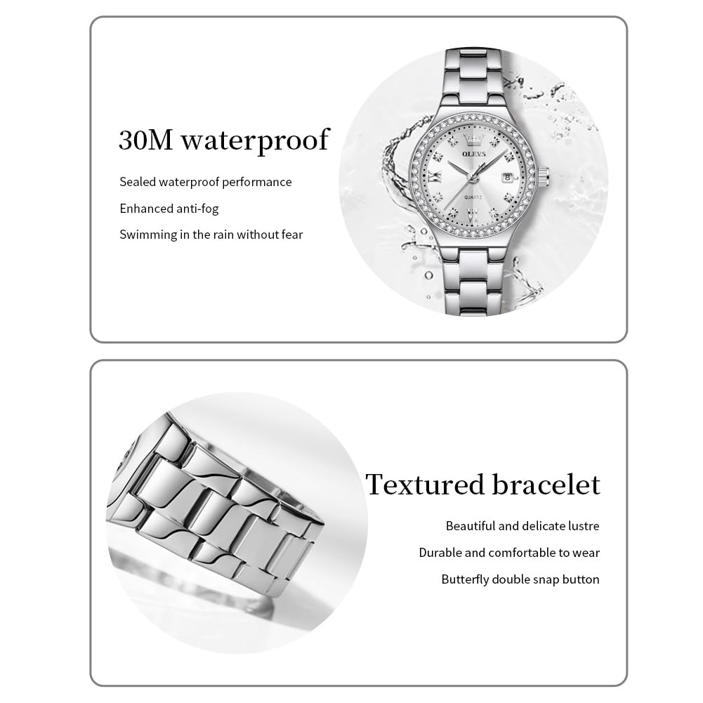 OLEVS Watch for Women Luxury Fashion Diamond Classic Arabic Dial Wrist Women's Watches with Date Waterproof Stainless Steel Quartz Ladies Watch
