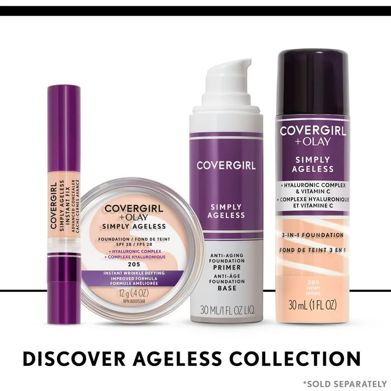 COVERGIRL & Olay Simply Ageless 3-in-1 Liquid Foundation, Matte Finish, Hyaluronic & Vitamin C Formula, 225 Buff Beige, 1 Count