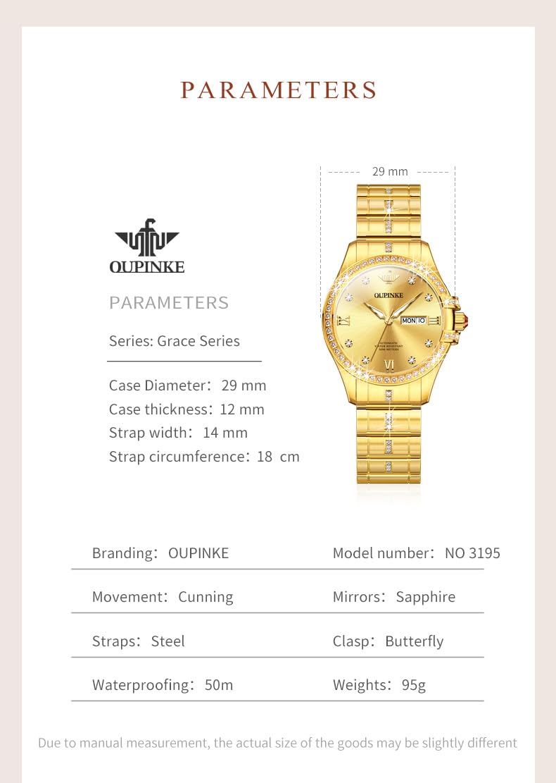 OUPINKE Women Automatic Watches Luxury Diamond Flywheel Two-Tone Stainless Tungsten Steel Band Moon Phase 24 Hours