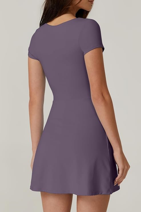 QINSEN Tennis Dress for Women Square Neck Short Sleeve Active Workout Dresses Built in Shorts Deep Purple L (Clearance)