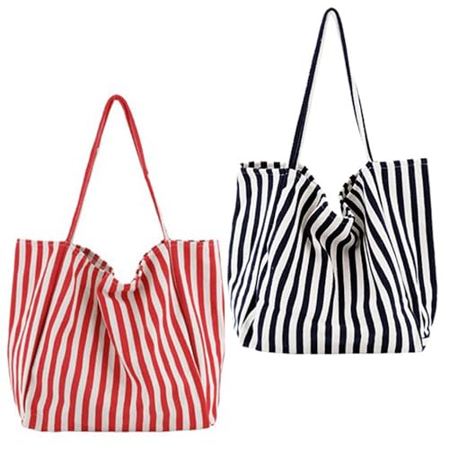 ELYEEBLEE 2 Pcs Lightweight Soft Casual Striped Canvas Shopping Tote Bags with Inner Pocket