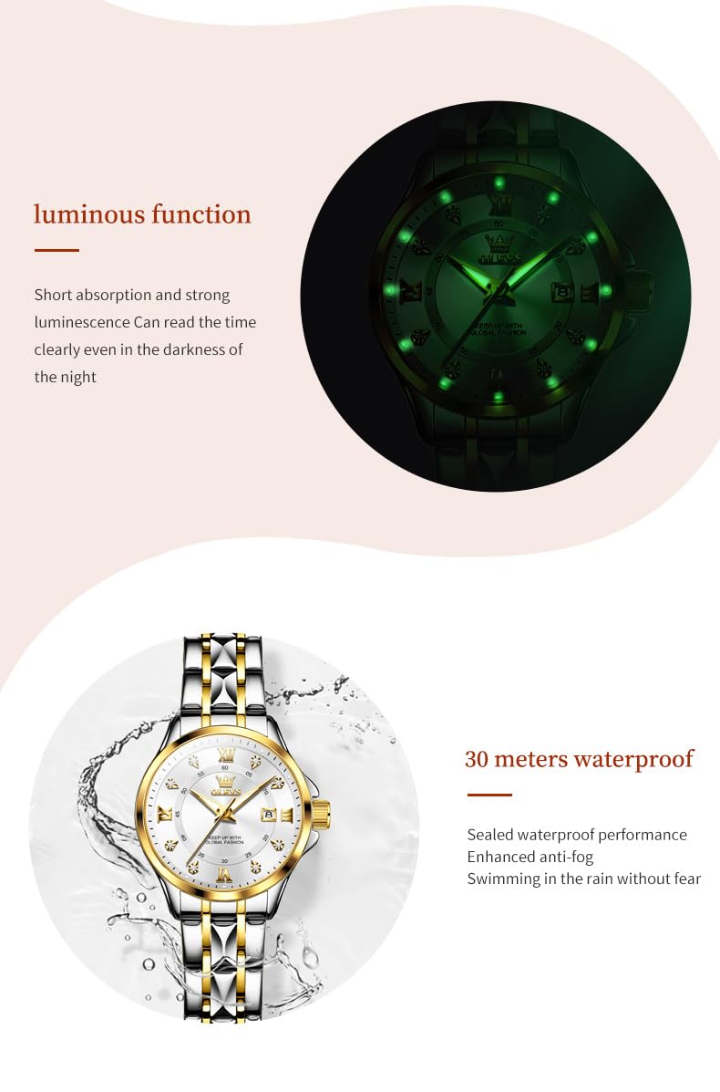 OLEVS Watch Women Two Tone Watches for Women with Date Dress Womens Watches for Small Wrists Luxury Easy Read Womens Watch Waterproof Blue/Black/Gold/Silver Dial Reloj para Mujer