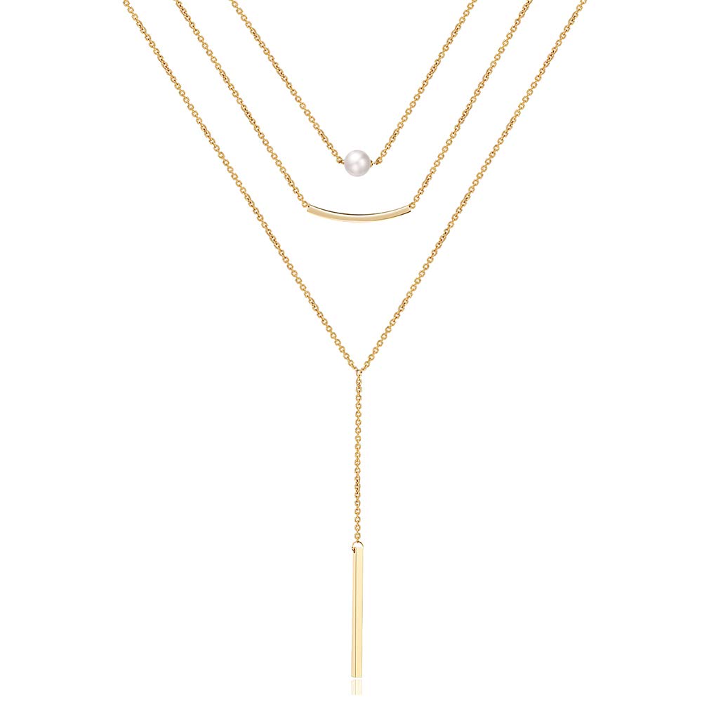 Turandoss Dainty Layered Choker Necklace, Handmade Y Pendant Necklace Multilayer Bar Disc Necklace Adjustable Layering Choker Necklaces for Women