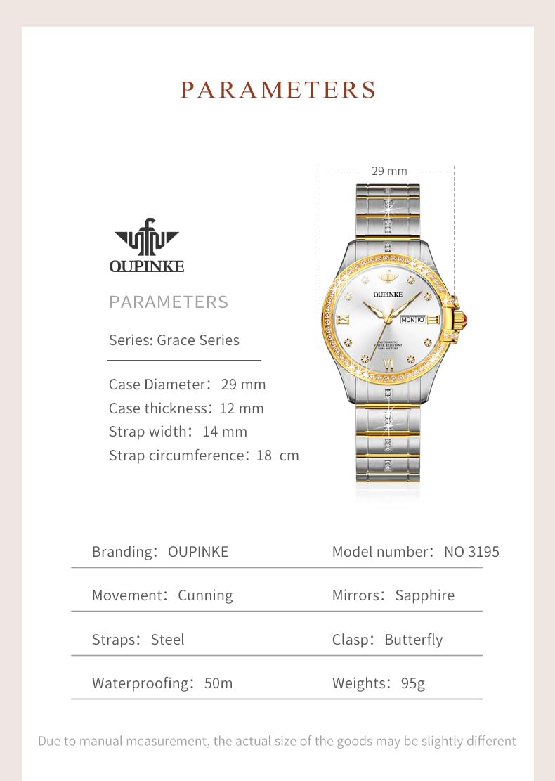 OUPINKE Women Automatic Watches Luxury Diamond Flywheel Two-Tone Stainless Tungsten Steel Band Moon Phase 24 Hours
