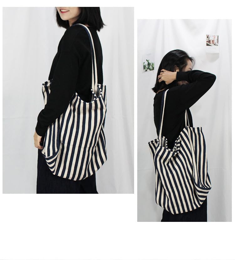 ELYEEBLEE 2 Pcs Lightweight Soft Casual Striped Canvas Shopping Tote Bags with Inner Pocket