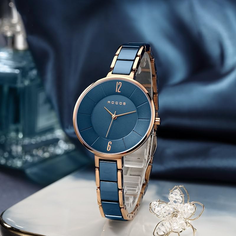 ROCOSJEWE Women’s Ceramic Quartz Analog Watch, Blue Dial with Rose Gold Accent, Ultra-Thin Design, Butterfly Clasp, 30M Waterproof Watches for Women