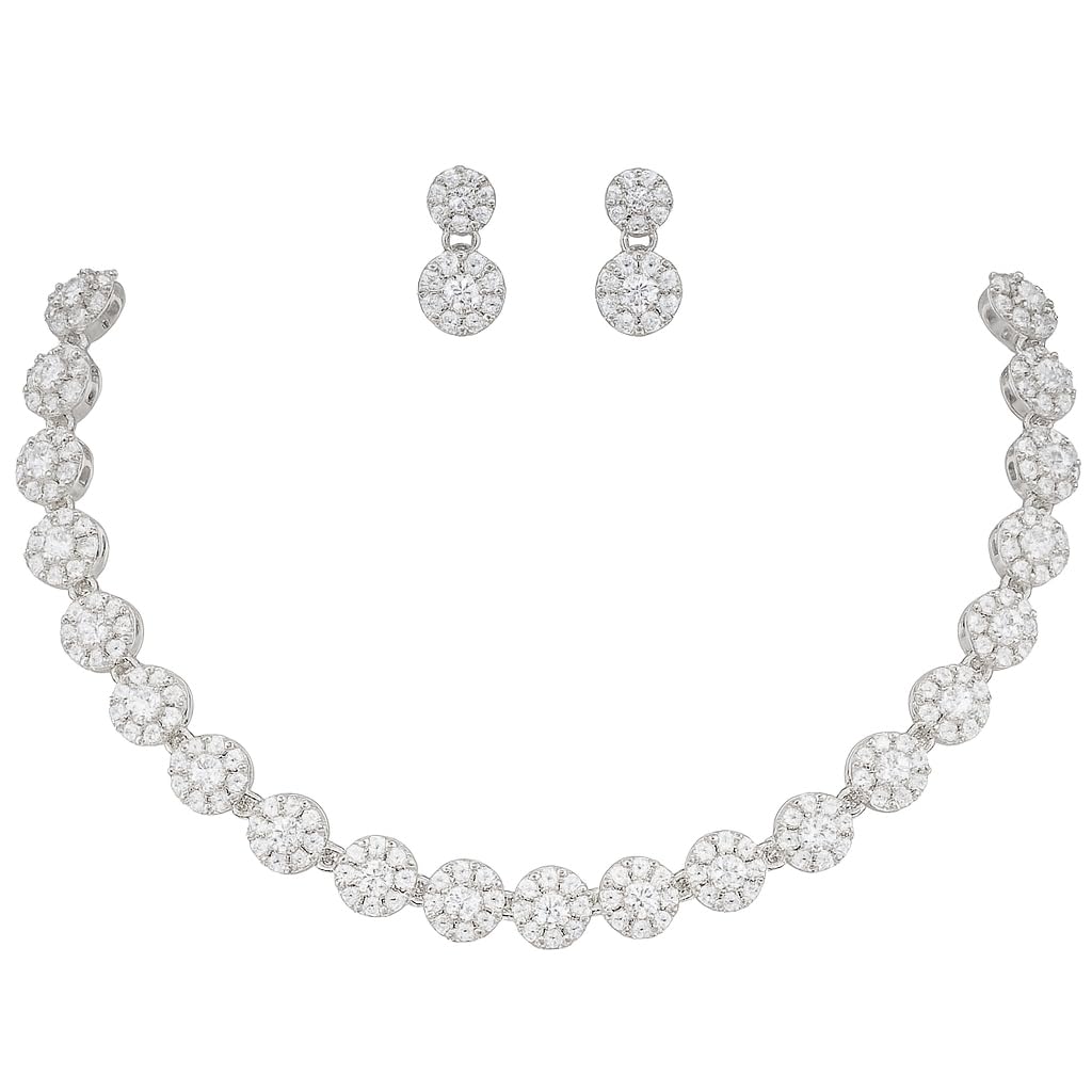 Nilu's Collection American Diamond Stone Studded | Rose Gold/Silver Plated | Anti Tarnish Jewellery Set for Women | Matching Earrings Perfect for Weddings and Special Occasions