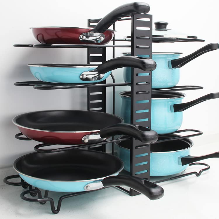 Felibeaco Adjustable Pots and Pans Organizer Rack for Cabinet, Metal Pans Pots Lids Storage Holder Rack with 3 DIY Methods for Kitchen, Counter,Black