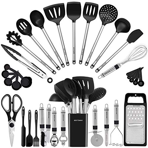 Kitchen Utensil Set-Silicone Cooking Utensils-33 Kitchen Gadgets & Spoons for Nonstick Cookware-Silicone and Stainless Steel Spatula Set-Best Kitchen Tools, Useful Pots