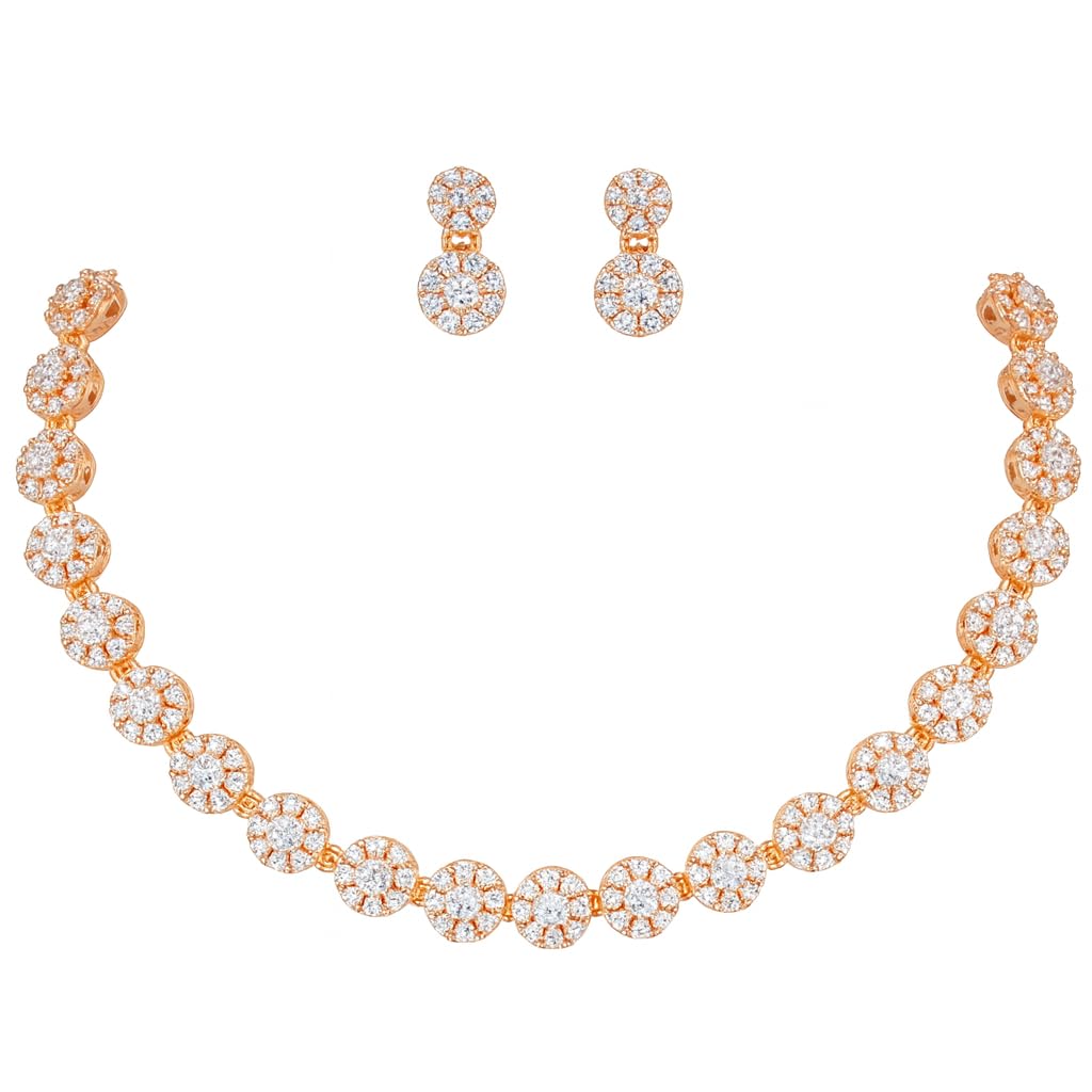 Nilu's Collection American Diamond Stone Studded | Rose Gold/Silver Plated | Anti Tarnish Jewellery Set for Women | Matching Earrings Perfect for Weddings and Special Occasions