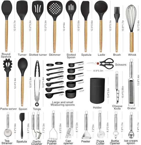 Cooking Utensils Set- 35 PCs Kitchen Utensils with Grater,Tongs, Spoon Spatula &Turner Made of Heat Resistant Food Grade Silicone and Wooden Handles Kitchen Gadgets Tools Set for Cookware