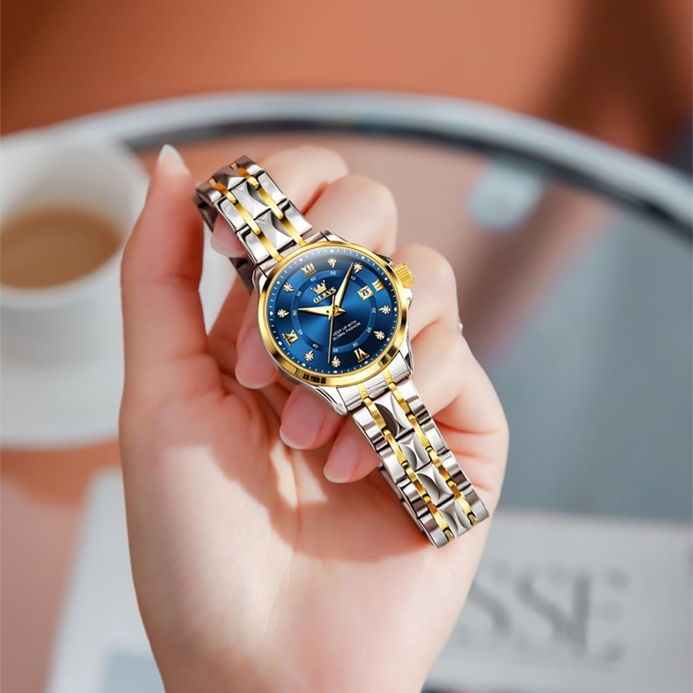 OLEVS Watch Women Two Tone Watches for Women with Date Dress Womens Watches for Small Wrists Luxury Easy Read Womens Watch Waterproof Blue/Black/Gold/Silver Dial Reloj para Mujer
