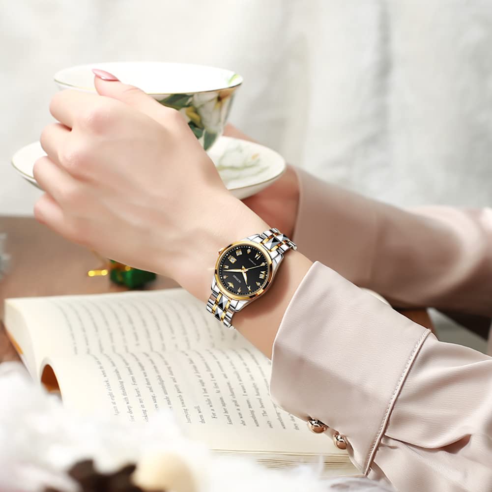 OLEVS Watches for Women Rose Gold Two Tone Fashion White Ceramic Ladies Wrist Watches Pink/Red Dial Stainless Steel Waterproof Date