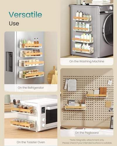 SONGMICS Strong Magnetic 4 Pack Bamboo Spice Rack for Refrigerator, Kitchen Magnetic Shelves for Washing Machine, Spice Organizers, No Drilling Needed