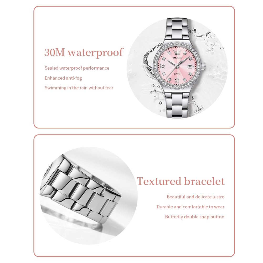 OLEVS Watch for Women Luxury Fashion Diamond Classic Arabic Dial Wrist Women's Watches with Date Waterproof Stainless Steel Quartz Ladies Watch