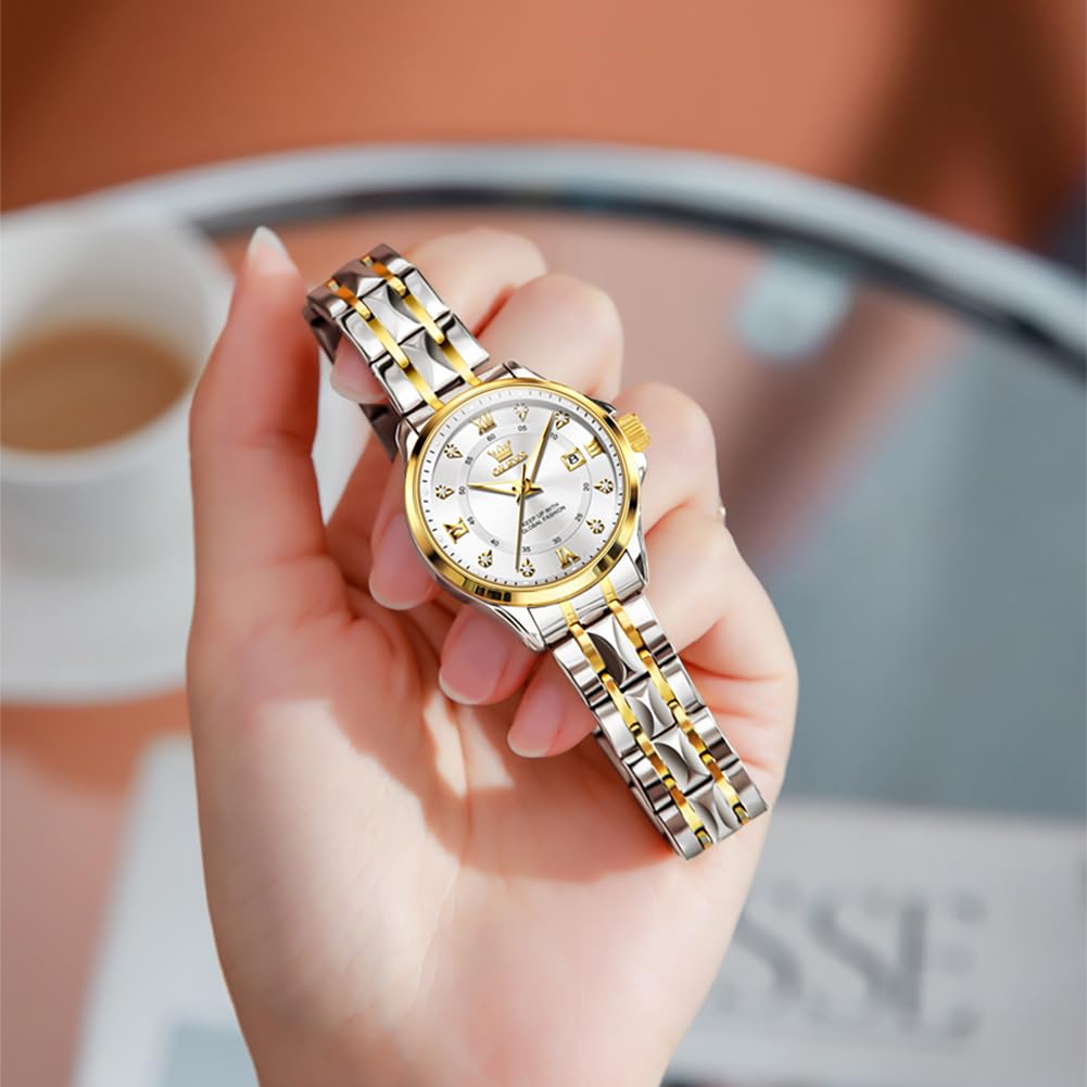 OLEVS Watch Women Two Tone Watches for Women with Date Dress Womens Watches for Small Wrists Luxury Easy Read Womens Watch Waterproof Blue/Black/Gold/Silver Dial Reloj para Mujer