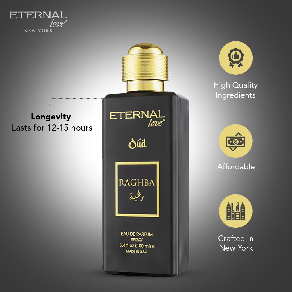Eternal Love Amber Oud - Long Lasting Unisex Eau de Parfum - Warm Woody Oriental Fragrance with Oud & Amber - Dubai Inspired Arabic Scent - 3.4oz