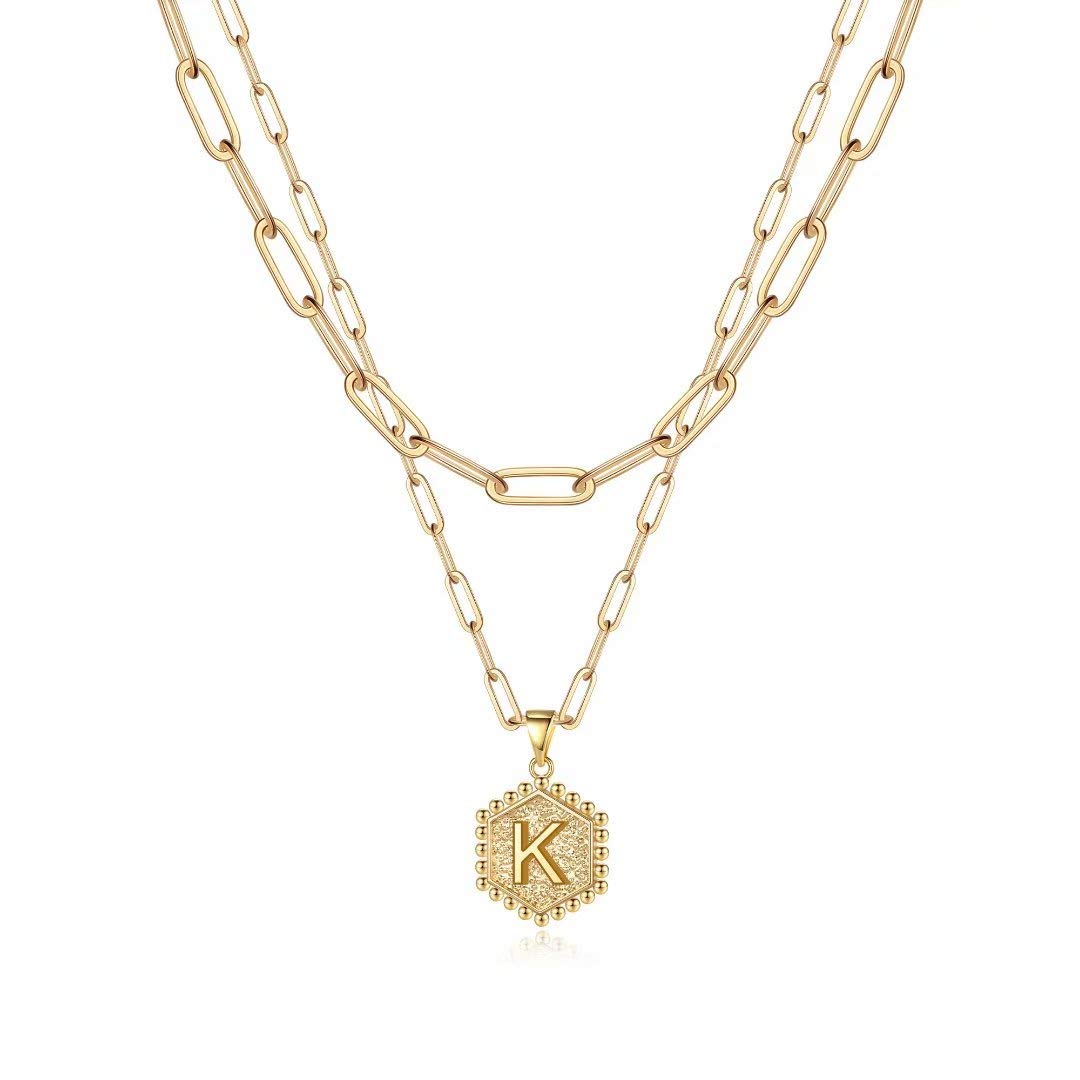 M MOOHAM Dainty Initial Necklaces for Women, 14K-Gold-Plated Layering Necklace for Women Cute Hexagon Letter Initial Necklace Layered Necklaces for Womens Teen Girl Gifts