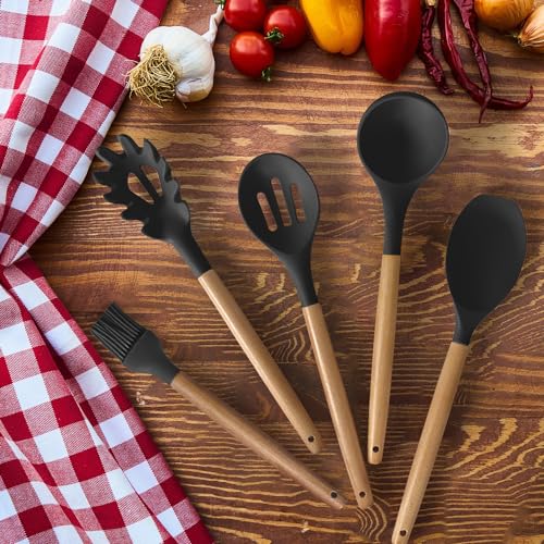 Cooking Utensils Set- 35 PCs Kitchen Utensils with Grater,Tongs, Spoon Spatula &Turner Made of Heat Resistant Food Grade Silicone and Wooden Handles Kitchen Gadgets Tools Set for Cookware