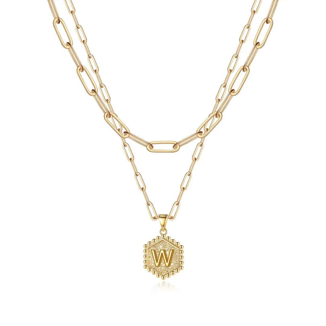 M MOOHAM Dainty Initial Necklaces for Women, 14K-Gold-Plated Layering Necklace for Women Cute Hexagon Letter Initial Necklace Layered Necklaces for Womens Teen Girl Gifts