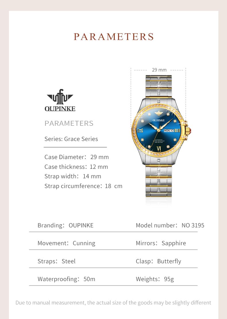 OUPINKE Women Automatic Watches Luxury Diamond Flywheel Two-Tone Stainless Tungsten Steel Band Moon Phase 24 Hours