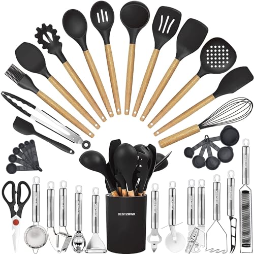 Cooking Utensils Set- 35 PCs Kitchen Utensils with Grater,Tongs, Spoon Spatula &Turner Made of Heat Resistant Food Grade Silicone and Wooden Handles Kitchen Gadgets Tools Set for Cookware