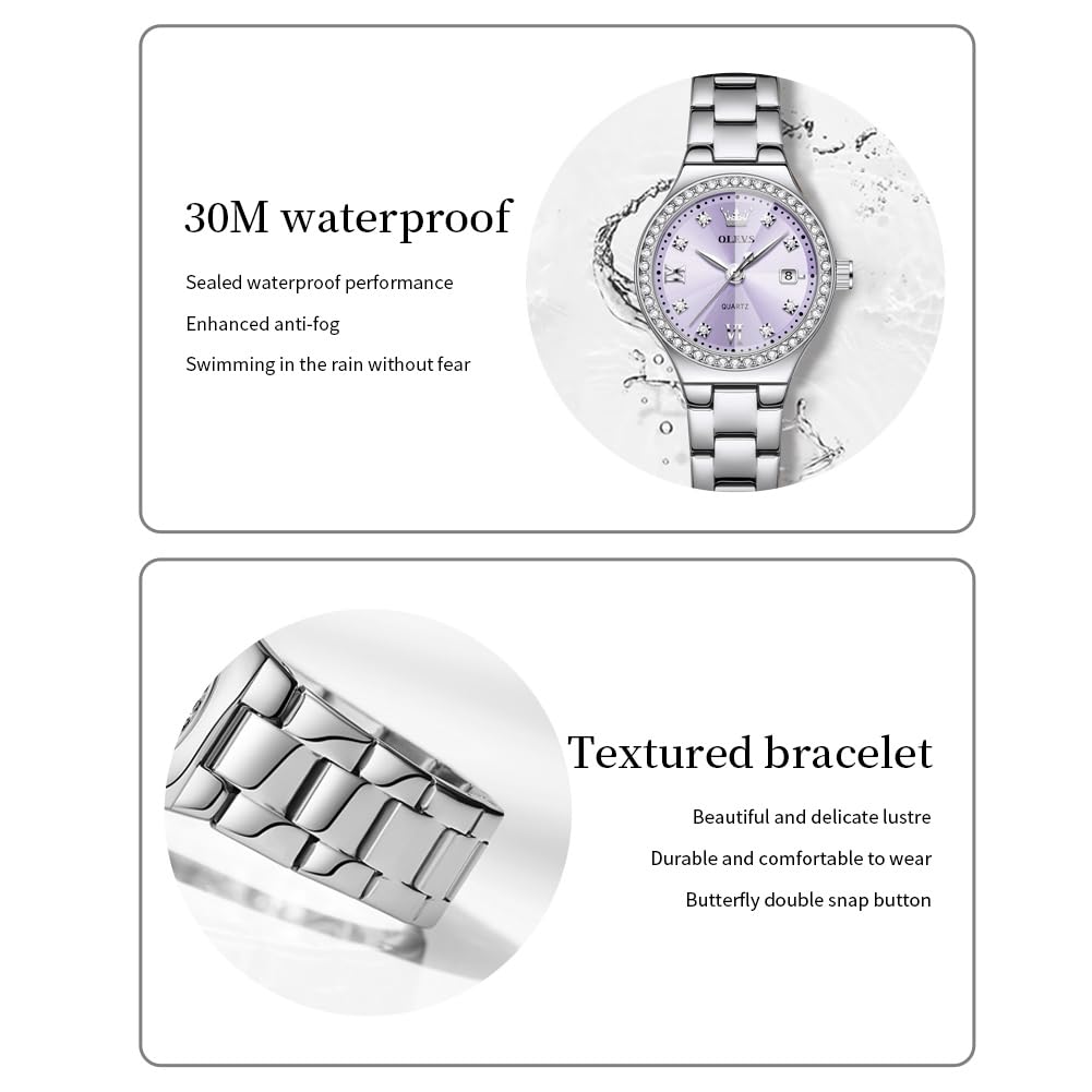 OLEVS Watch for Women Luxury Fashion Diamond Classic Arabic Dial Wrist Women's Watches with Date Waterproof Stainless Steel Quartz Ladies Watch