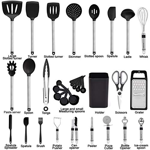 Kitchen Utensil Set-Silicone Cooking Utensils-33 Kitchen Gadgets & Spoons for Nonstick Cookware-Silicone and Stainless Steel Spatula Set-Best Kitchen Tools, Useful Pots