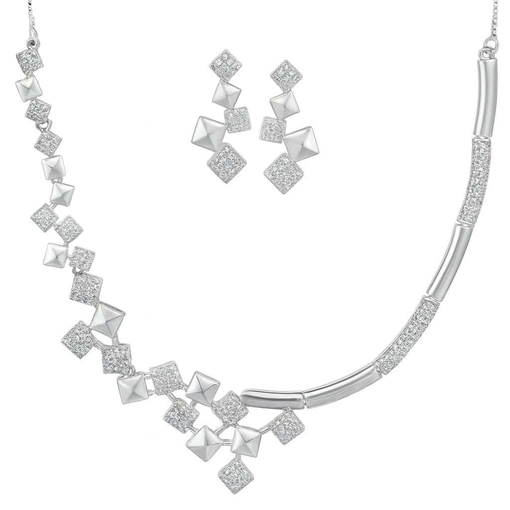 Nilu's Collection American Diamond Stone Studded | Rose Gold/Silver Plated | Anti Tarnish Jewellery Set for Women | Matching Earrings Perfect for Weddings and Special Occasions