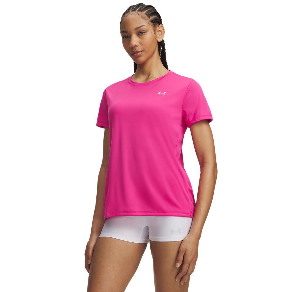 Under Armour Women's Velocity Solid Short Sleeve Crew Neck T Shirt, (622) Virtual Pink / / Metallic Silver, Small