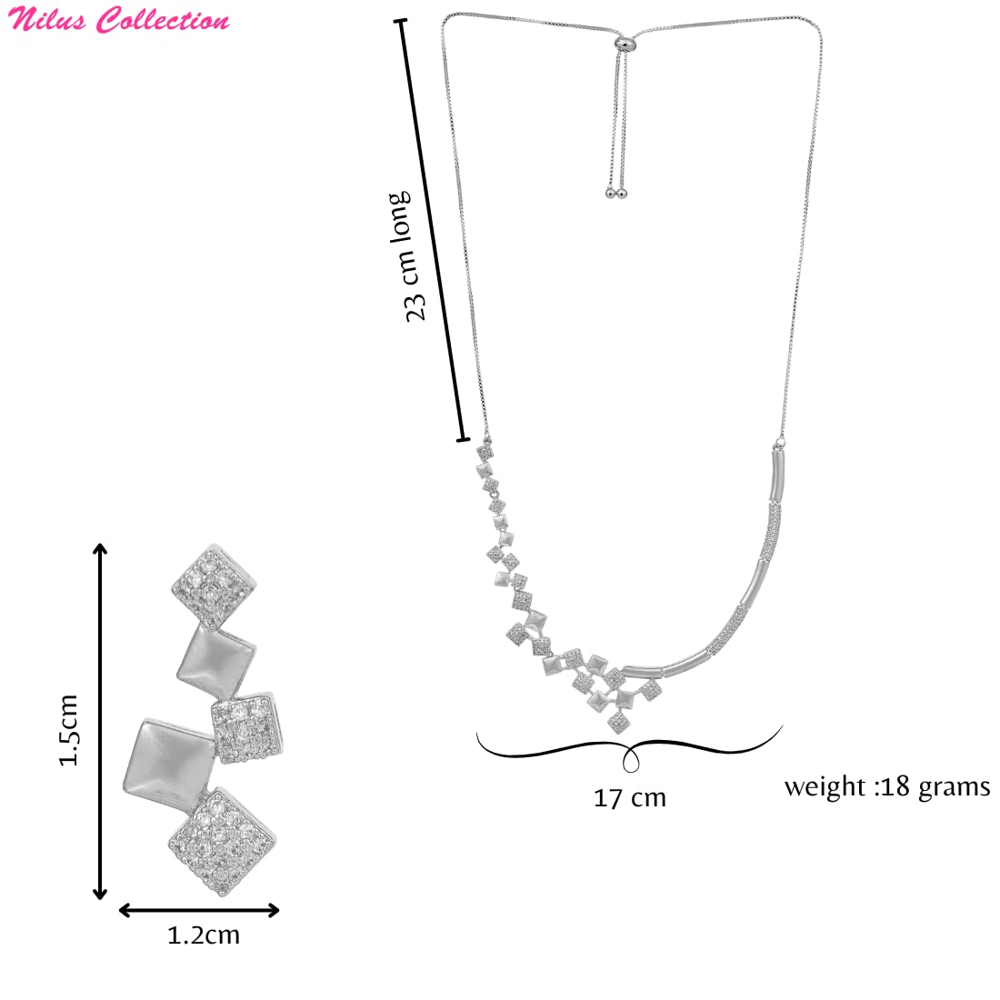 Nilu's Collection American Diamond Stone Studded | Rose Gold/Silver Plated | Anti Tarnish Jewellery Set for Women | Matching Earrings Perfect for Weddings and Special Occasions