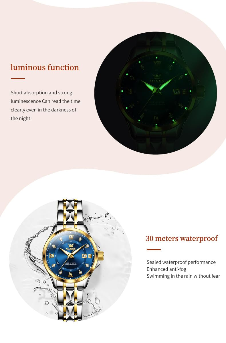 OLEVS Watch Women Two Tone Watches for Women with Date Dress Womens Watches for Small Wrists Luxury Easy Read Womens Watch Waterproof Blue/Black/Gold/Silver Dial Reloj para Mujer
