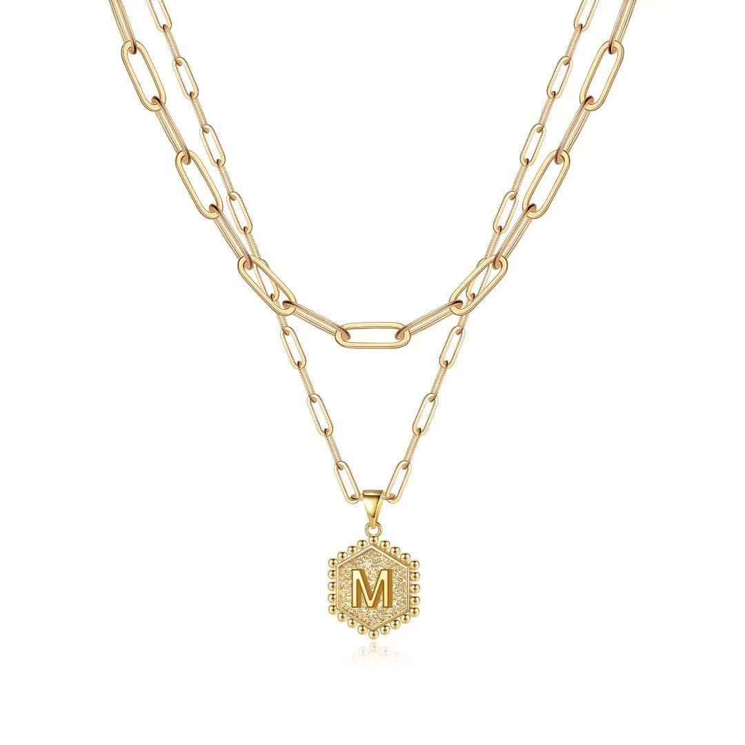 M MOOHAM Dainty Initial Necklaces for Women, 14K-Gold-Plated Layering Necklace for Women Cute Hexagon Letter Initial Necklace Layered Necklaces for Womens Teen Girl Gifts