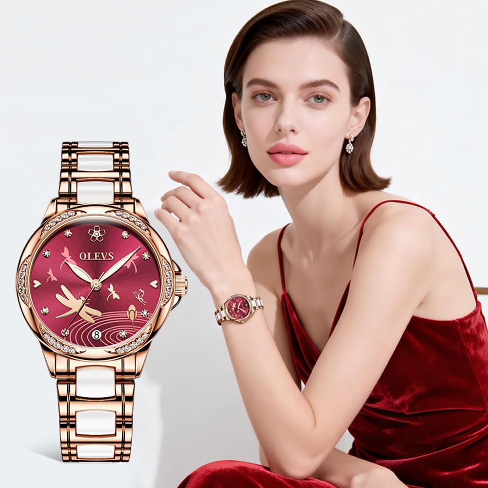 OLEVS Watches for Women Automatic Mechanical Self Winding Rose Gold Ladies Watch Diamond Dress Ceramic Bracelet Waterproof Female Wrist Watch