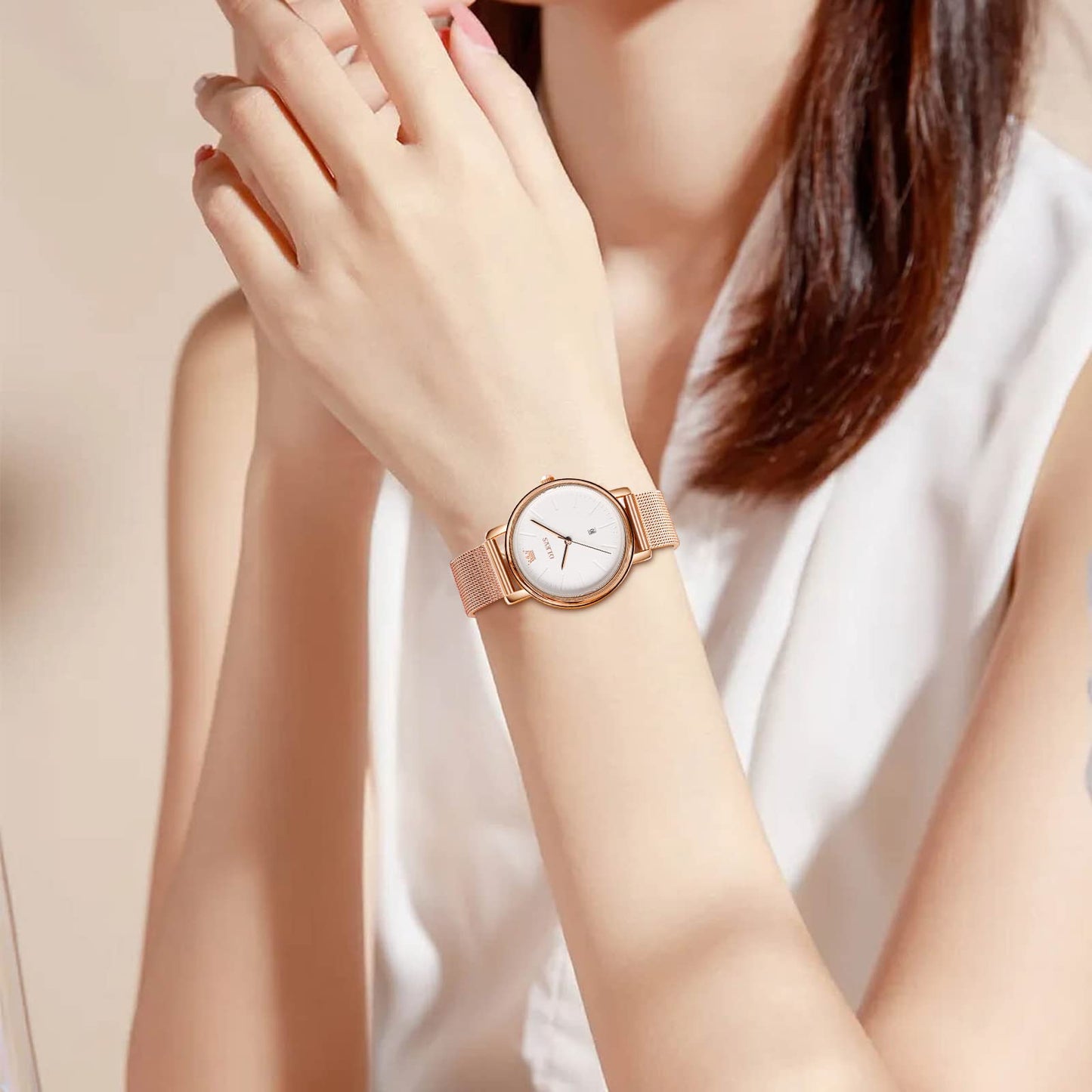 OLEVS Women's Mesh Bracelet Watch, Elegant Large Face Three Hand Analog Quartz Womens Wristwatch, Pretty Slim Date Display Waterproof Ladies Watches for Small Wrists