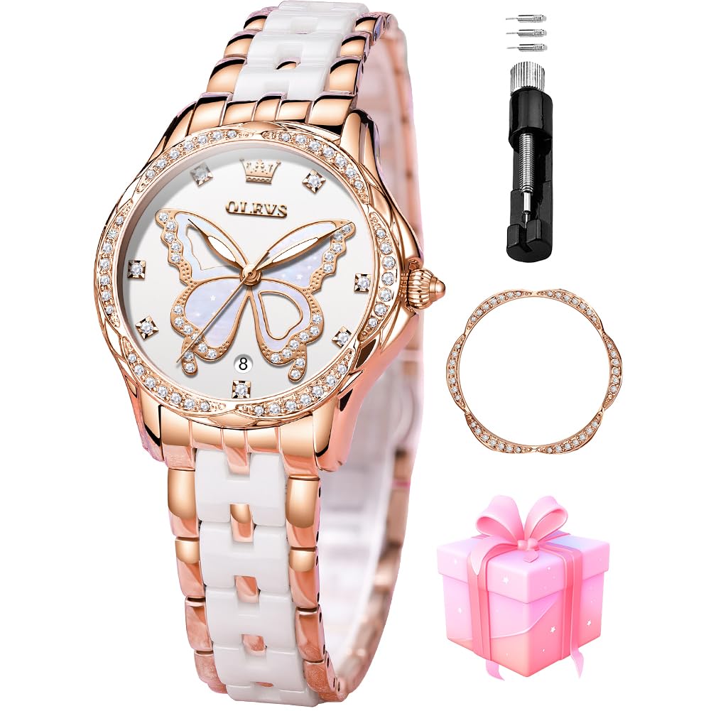 OLEVS Watches for Women Rose Gold Two Tone Fashion White Ceramic Ladies Wrist Watches Pink/Red Dial Stainless Steel Waterproof Date