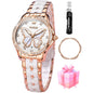 OLEVS Watches for Women Rose Gold Two Tone Fashion White Ceramic Ladies Wrist Watches Pink/Red Dial Stainless Steel Waterproof Date