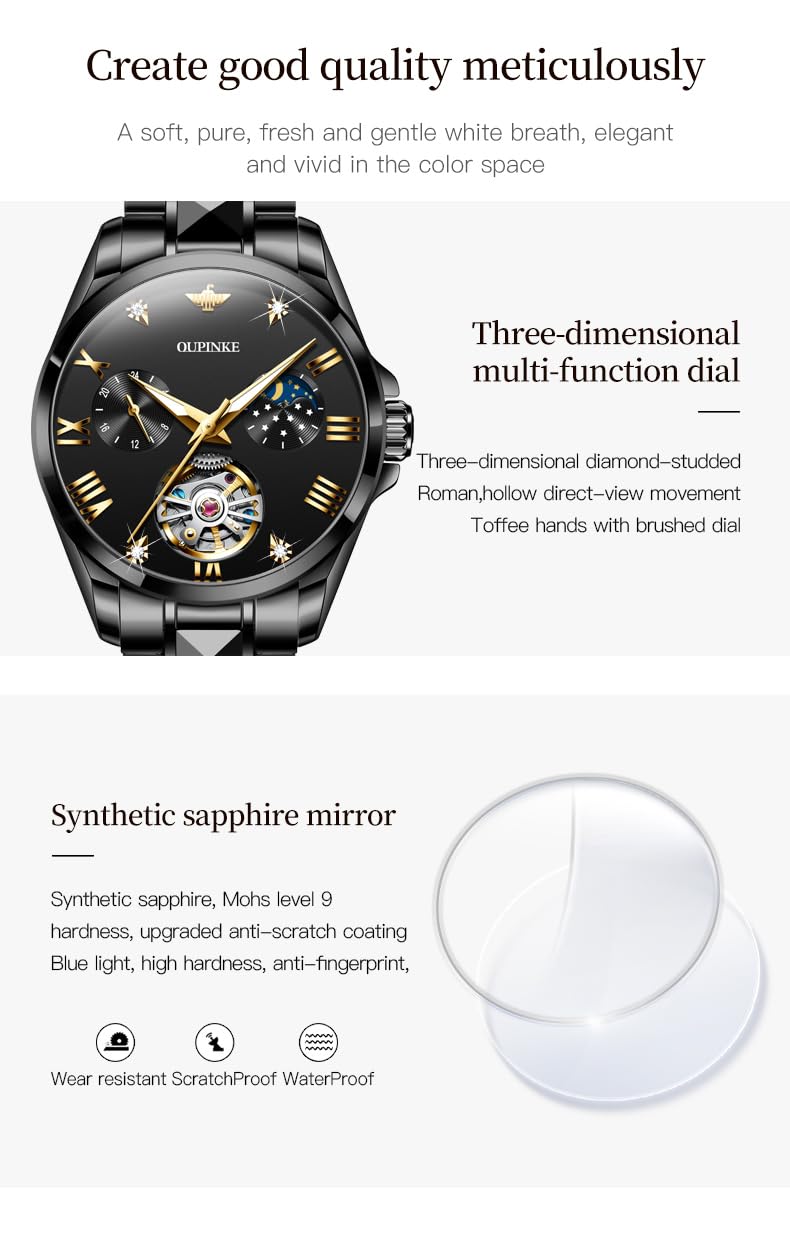 OUPINKE Women Automatic Watches Luxury Diamond Flywheel Two-Tone Stainless Tungsten Steel Band Moon Phase 24 Hours