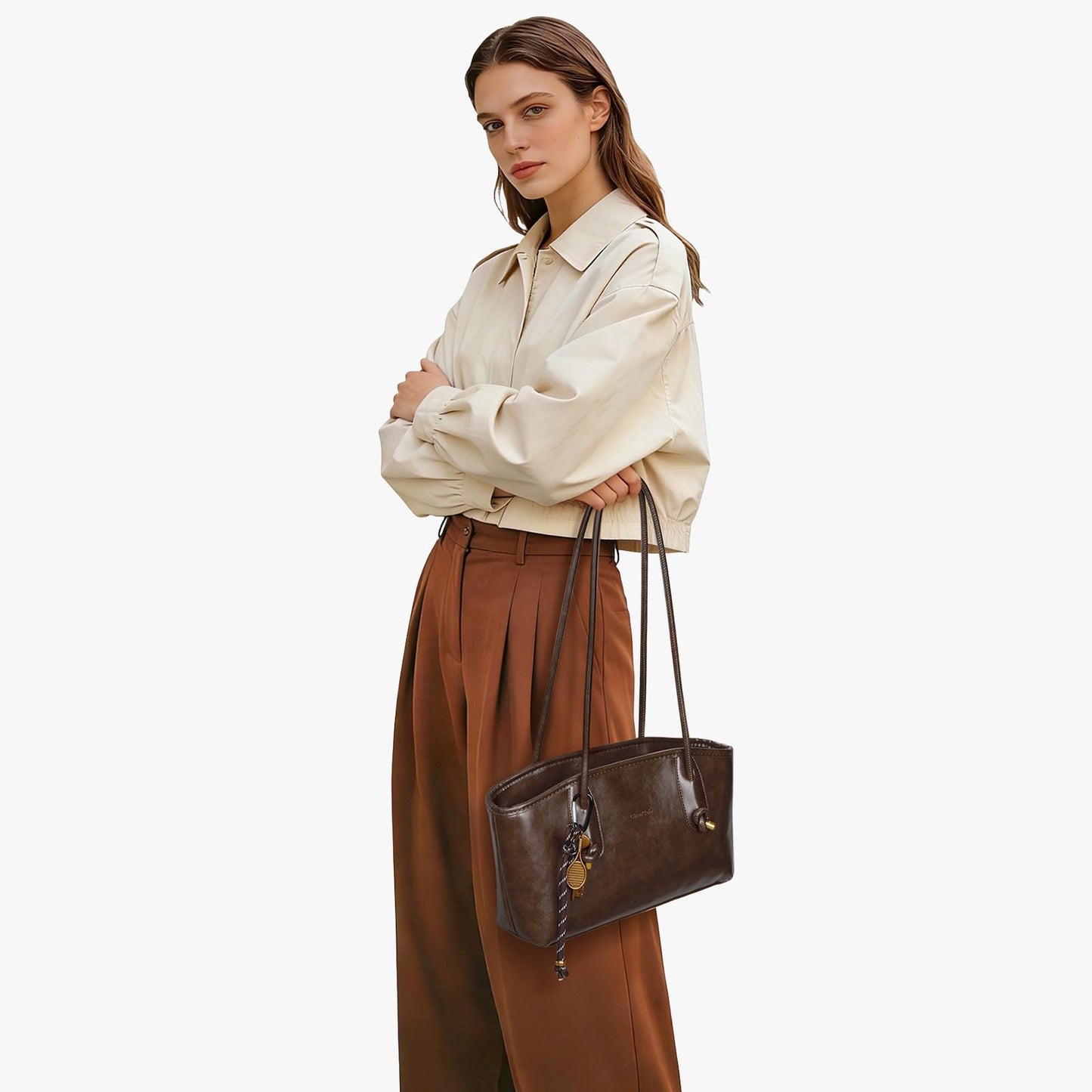 Shoulder Bag for Women Brown Purse Vintage Leather Shoulder Handbag Trendy Everyday Purse with Pendant