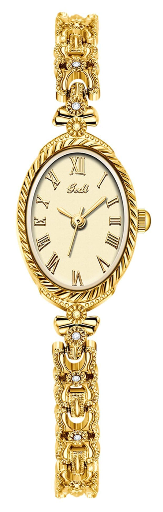 Gosasa Small Gold Watches for Women Vintage Dainty Oval Roman Numeral Dial Analog Slim Bracelet Alloy Band Water Resistant Dress Wrist Watch Elegant Gift