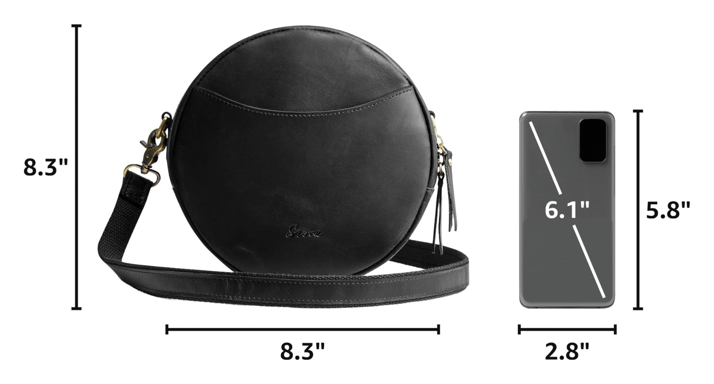 S-ZONE Leather Crossbody Bags for Women Circle Shoulder Round Purse Travel | Top Grain Leather, Keychain, Designer Handbag, Vintage, Multi Pockets, Detachable Strap, Eveyday Outing