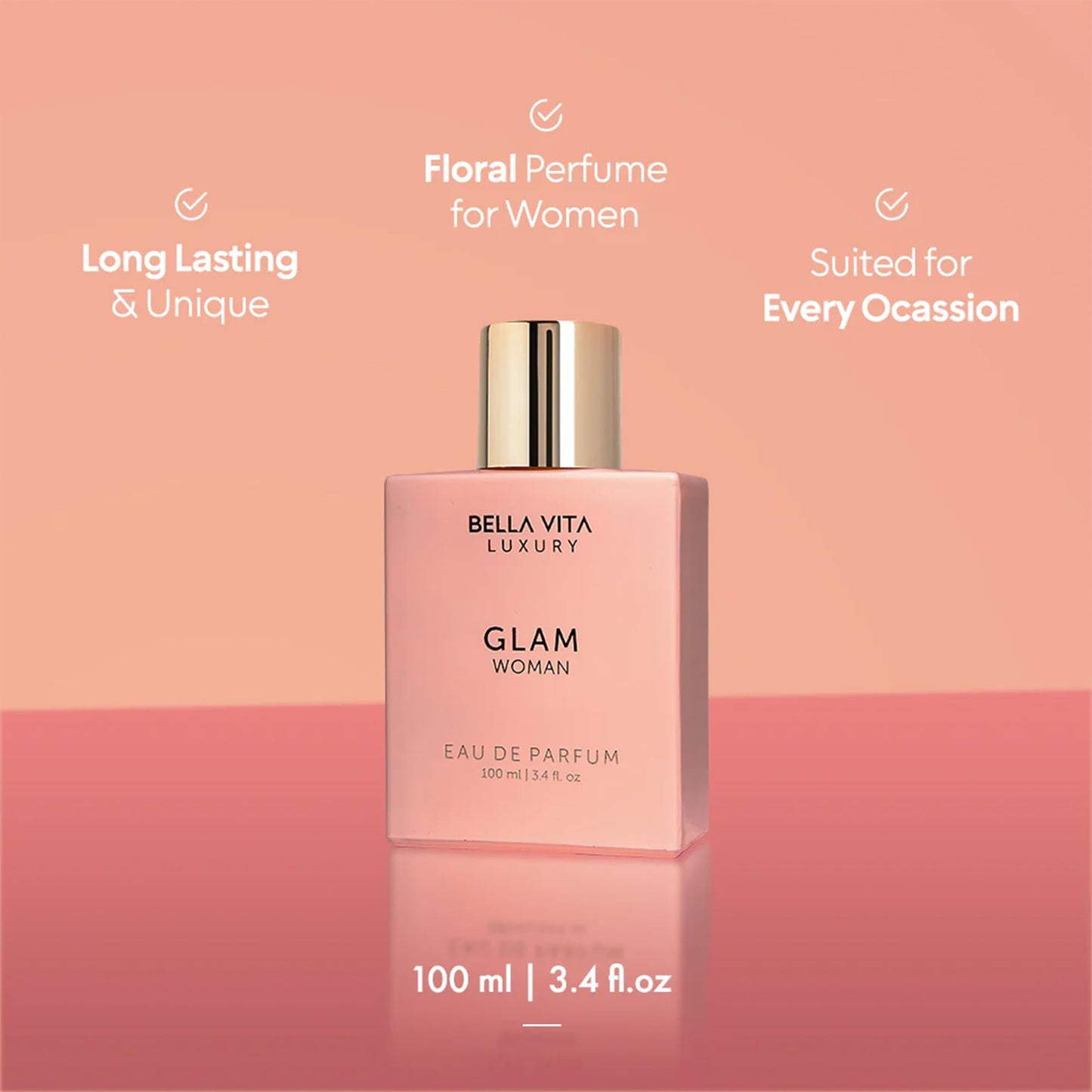 Bellavita Luxury Glam Eau de Parfum | 100 ml (3.4 fl.oz.) | Perfume for Women | White Floral, African Orange, Jasmine, and Patchouli Notes | Long Lasting Fragrance | Mother's Day present | for women
