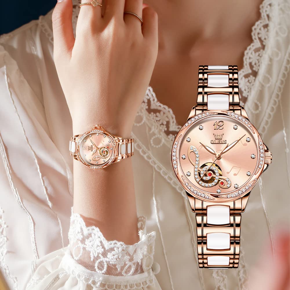 OLEVS Watches for Women Automatic Mechanical Self Winding Rose Gold Ladies Watch Diamond Dress Ceramic Bracelet Waterproof Female Wrist Watch