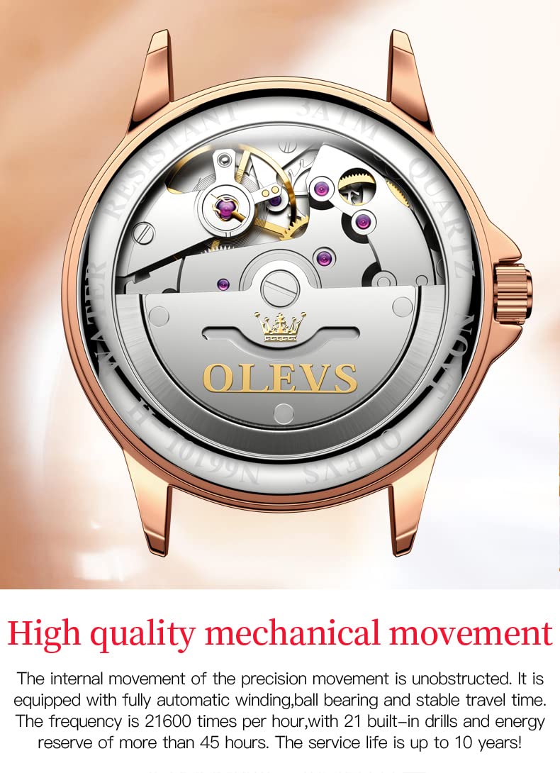 OLEVS Watches for Women Automatic Mechanical Self Winding Rose Gold Ladies Watch Diamond Dress Ceramic Bracelet Waterproof Female Wrist Watch