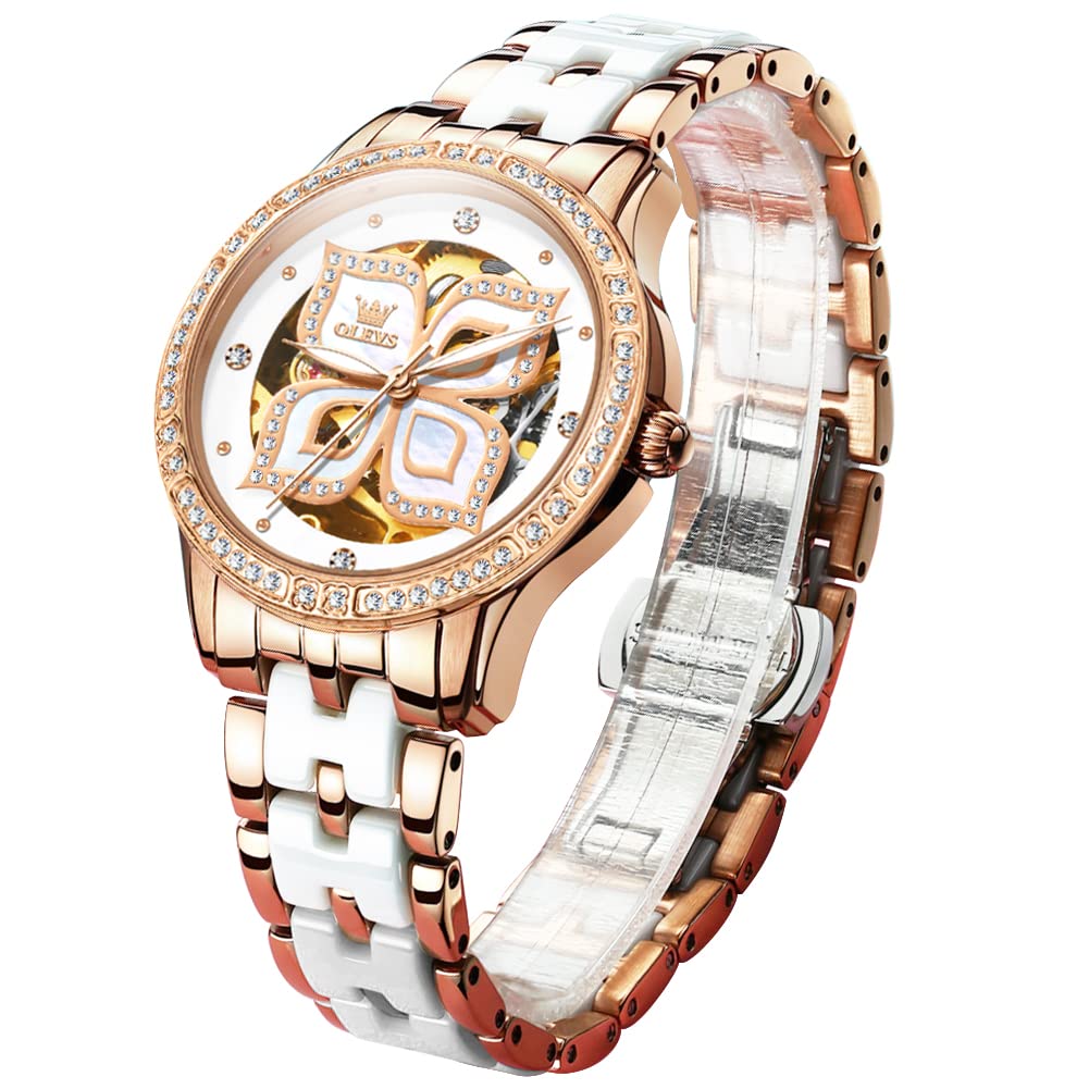 OLEVS Womens Automatic Watch, Premium Large Face Diamond Accented Self Winding Watches for Women, Fashion Waterproof Ladies Dress Watch, Two Tone Stainless Steel Ceramic Bracelet