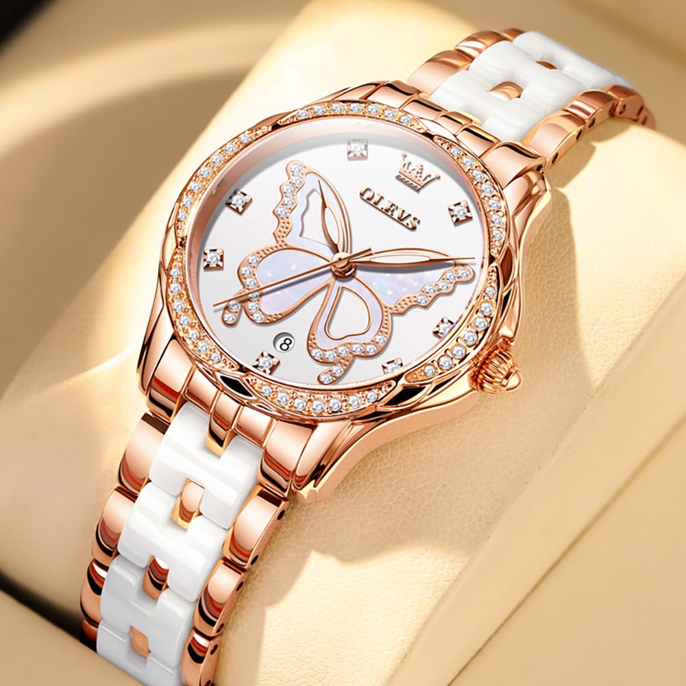 OLEVS Watches for Women Rose Gold Two Tone Fashion White Ceramic Ladies Wrist Watches Pink/Red Dial Stainless Steel Waterproof Date