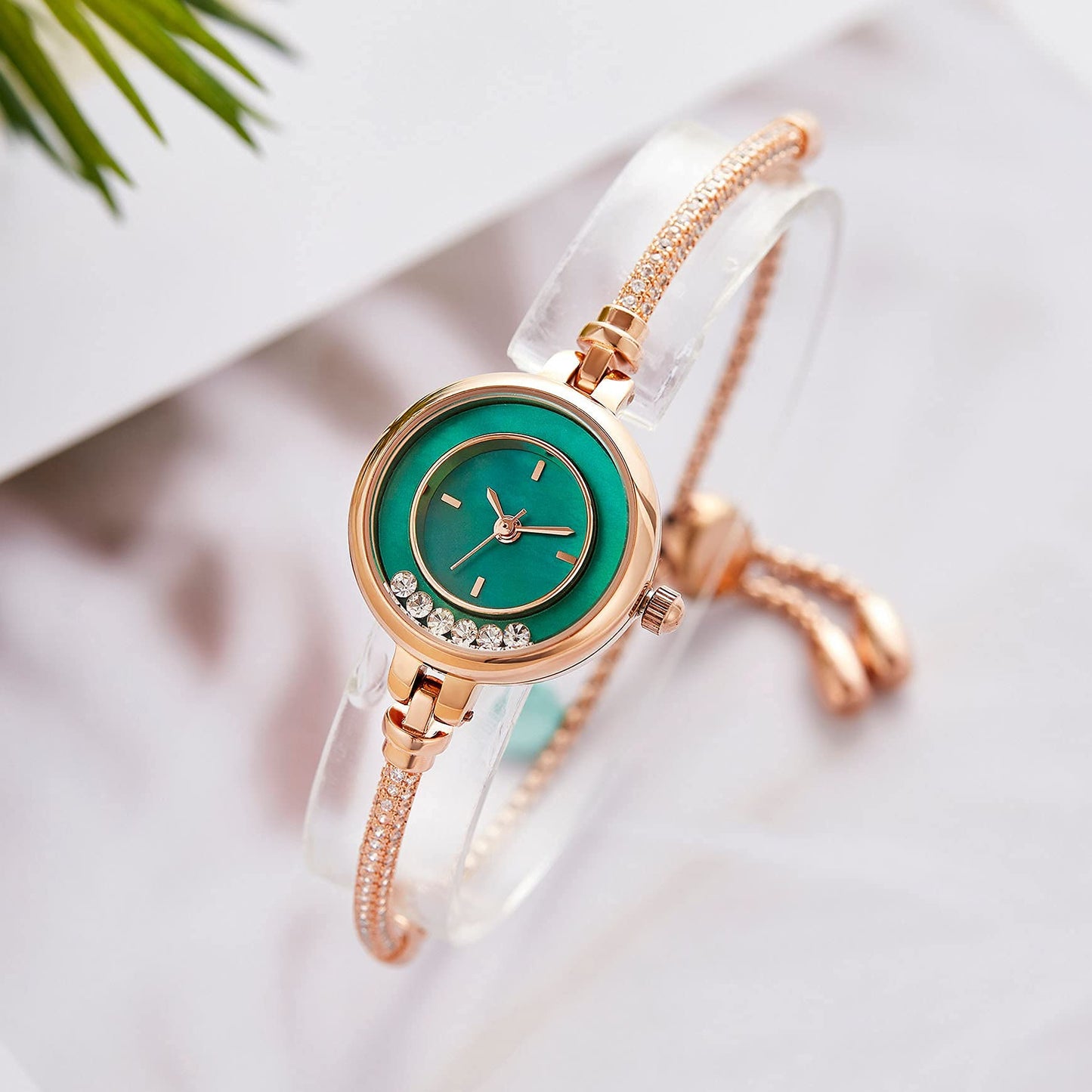 TIME100 Women's Bracelet Watches Ladies Quartz Wrist Watch with Green Dial Bezel with Crystals in Movement Bracelet Strap with Diamonds Waterproof