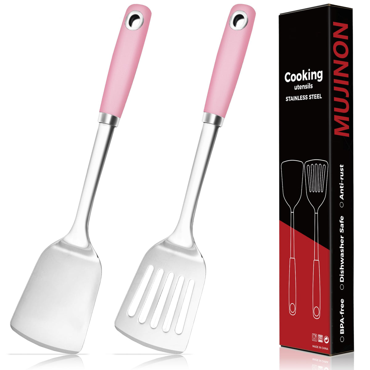 MUJINON Spatula Set, 18/0 Stianless Steel Turner & Slotted Spatula, Kitchen Cooking Utensils Set, Pack of 2